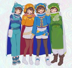  1girl belt blush_stickers brown_hair commentary dress highres humanization kanafumi_(spindle) kirby kirby_(series) looking_at_viewer multiple_persona open_mouth pants pantyhose personification scarf shirt shoes short_hair shorts smile standing untranslatable_commentary 
