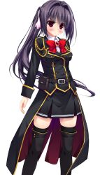  1girl aiguillette belt belt_pouch black_belt black_boots black_jacket black_thighhighs boots bow bowtie breasts brooch buttons double-breasted game_asset gold_trim hair_bow hair_intakes highres jacket jewelry long_hair long_sleeves medium_breasts military_dress_uniform military_uniform miniskirt non-web_source official_art pocket ponytail pouch prism_recollection! purple_hair red_bow red_bowtie red_eyes shintarou shirt shoulder_boards skirt tachi-e tailcoat thigh-highs thigh_boots veronica_adelheid_heinzel white_shirt zettai_ryouiki 