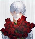  1boy @_@ bangs blush bouquet crying curtains flower head_tilt holding holding_bouquet holding_flower kon_(knbkur) looking_at_viewer male_focus original parted_lips red_eyes ringed_eyes rose short_hair smile solo tears white_hair 