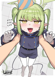  1boy 1girl :d absurdres armpit_carry artist_name belt birthday black_belt black_jacket black_shorts black_tail blue_archive blue_shorts blush buttons carrying carrying_person claw_pose dated demon_tail double-breasted embarrassed fang flying_sweatdrops gloves green_hair green_halo half-closed_eyes halo hanging_legs hat highres jacket jitome leonat lifting_person long_hair long_sleeves looking_at_viewer no_shoes nozomi_(blue_archive) open_mouth pantyhose party_hat pointy_ears pov pov_hands short_shorts shorts sidelocks smile solo_focus sweat tail twintails very_long_hair white_gloves white_pantyhose yellow_eyes 