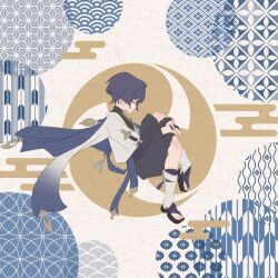  1boy asa_no_ha_(pattern) black_bodysuit black_bow black_bridal_gauntlets black_hair black_sandals black_shorts blue_cape blunt_ends bodysuit bow bridal_gauntlets cape closed_eyes commentary_request egasumi electro_symbol_(genshin_impact) eyeliner facing_down fetal_position from_side furisode genshin_impact gold_ring hand_on_own_leg highres japanese_clothes kikumon kimono leg_warmers makeup male_focus middle_ring mitsudomoe_(shape) no_mouth profile purple_rope purple_sash red_eyeliner rope sandals sash scaramouche_(genshin_impact) seigaiha shippou_(pattern) short_sleeves shorts side_cape solo stirrup_legwear tacos8888888 toeless_legwear tomoe_(symbol) turtleneck turtleneck_bodysuit wanderer_(genshin_impact) white_leg_warmers white_sleeves yagasuri zouri 