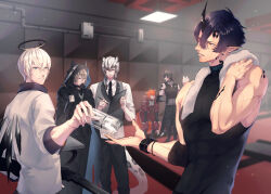  6+boys animal_ears aosta_(arknights) arknights black_hair black_necktie black_pants blue_eyes bottle broca_(arknights) cat_boy cat_ears chiave_(arknights) commentary_request demon_girl demon_horns dry-er executor_(arknights) flamebringer_(arknights) fox_boy fox_ears fox_tail gun halo holding horns indoors infection_monitor_(arknights) jacket male_focus material_growth multiple_boys muscular necktie orange_eyes oripathy_lesion_(arknights) pants phantom_(arknights) pointy_ears shirt short_hair silverash_(arknights) single_horn sleeveless snow_leopard_boy snow_leopard_ears snow_leopard_tail tail towel towel_around_neck water_bottle weapon white_hair wings wolf_boy wolf_ears 