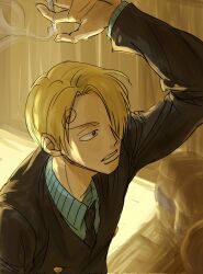  1boy blonde_hair cigar cigarette commentary_request curly_eyebrows facial_hair formal_clothes goatee hair_over_one_eye highres holding holding_cigarette korean_commentary male_focus mustache_stubble one_piece sanji_(one_piece) santamanymany smoke smoke_trail smoking solo stubble suit 