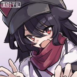  1girl animal_ears animal_hat black_hair black_hat black_jacket blush character_request commentary_request fake_animal_ears fang fur-trimmed_jacket fur_trim hair_between_eyes hands_up hat jacket long_hair looking_at_viewer natsuki_teru newsboy_cap off_shoulder open_clothes open_jacket open_mouth purple_background red_eyes shirt solo upper_body vrchat white_shirt 