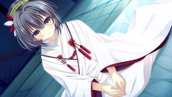  1girl black_eyes black_hair closed_mouth da_capo da_capo_v dutch_angle furisode futon game_asset hair_bun hair_intakes hair_ornament hairclip highres japanese_clothes kimono kisaragi_yuu_(kisaragiyu) night non-web_source official_art short_hair sitting tatami tokisaka_yukina uchikake v_arms visual_novel_cg white_kimono 