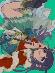  1girl :d absurdres ankle_boots ascot badge belt belt_buckle blue_eyes blue_hair blunt_bangs blunt_ends blush_stickers boots buckle commentary dot_nose floating full_body fur-trimmed_jacket fur_trim gold_belt green_background green_jacket green_skirt grey_boots hands_up highres holding holding_weapon jacket jacket_on_shoulders kayanon_no lapels legs_together long_hair long_sleeves looking_up love_judgement_(mace) miniskirt multicolored_jacket open_mouth pleated_skirt red_jacket red_sash revision sash shirt shoujo_kageki_revue_starlight shoulder_sash simple_background single_horizontal_stripe skirt smile solo star_(symbol) striped_clothes striped_skirt tassel tsuyuzaki_mahiru two-sided_fabric two-sided_jacket two-tone_jacket two_side_up untranslatable_commentary upside-down waist_cape weapon white_ascot white_shirt yellow_jacket yellow_trim 