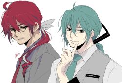  2boys aged_up ahoge aqua_hair aqua_necktie black_eyes braid collared_shirt commentary_request drill_hair drill_ponytail facial_hair finger_to_mouth genderswap genderswap_(ftm) glasses grey_shirt grey_vest hair_over_shoulder hair_ribbon hatsune_miku kasane_ted long_hair long_sleeves looking_at_viewer male_focus mature_male miku-oji mouri multiple_boys necktie parted_lips red_eyes red_hair red_necktie ribbon shirt sideways_glance simple_background single_braid smile stubble upper_body utau vest vocaloid white_background white_ribbon 