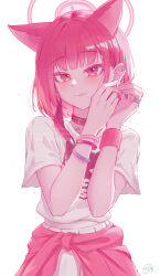  1girl absurdres animal_ears armband blue_archive cat_ears cat_girl choker closed_mouth clothes_around_waist commentary_request earclip earrings glint halo highres jacket jacket_around_waist jewelry kazusa_(band)_(blue_archive) kazusa_(blue_archive) kujou_shima limited_palette lips looking_at_viewer mask mouth_mask official_alternate_costume pink_theme pleated_skirt print_shirt putting_on_earrings putting_on_jewelry ring shirt short_hair short_sleeves simple_background skirt unworn_mask upper_body watermark white_background 