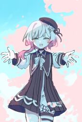  1girl beret black_choker black_coat black_hat choker closed_eyes coat collared_coat commentary cowboy_shot facing_viewer fang flower flower-trimmed_shorts flower-trimmed_sleeves gradient_hair hair_flower hair_ornament hat hat_flower hat_ribbon highres long_sleeves mahou_shoujo_no_majo_saiban multicolored_hair neck_ribbon o-ring o-ring_thigh_strap open_mouth outstretched_arms pants pink_hair ribbon sakuraba_ema shirt short_hair shorts skin_fang sky sleeveless sleeveless_coat smile sol_phi_0721 solo thigh_strap untranslatable_commentary white_flower white_hair white_pants white_ribbon white_shirt white_shorts white_sleeves 