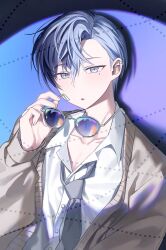  1boy aoyagi_touya blue_eyes blue_hair buttons collared_shirt commentary_request curtained_hair dress_shirt fingernails grey_necktie hair_between_eyes hand_up holding holding_removed_eyewear korean_commentary layered_clothes long_sleeves looking_at_viewer male_focus mole mole_under_eye multicolored_hair mumat_39 necktie parted_hair parted_lips project_sekai shirt short_hair solo split-color_hair sunglasses two-tone_hair unworn_eyewear upper_body white_shirt wing_collar 