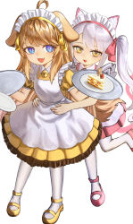  2girls :3 :d absurdres animal_ear_fluff animal_ears apron bell blue_hair bow brown_hair butter_(trickcal) cake cake_slice cat_ears cat_girl cat_tail commentary dog_ears dog_girl dog_tail dress fang food foot_out_of_frame frilled_dress frills hair_bow highres holding holding_tray jingle_bell kommy_(trickcal) long_hair looking_at_viewer maid maid_headdress multiple_girls neck_bell open_mouth pantyhose pink_bow pink_shoes romaji_commentary shoes short_sleeves simple_background smile standing standing_on_one_leg swept_bangs tail tray trickcal twintails violet_eyes white_apron white_background white_pantyhose yellow_dress yellow_eyes yellow_shoes zen.nico 