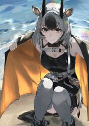  1girl animal_ears antelope_horns arknights belt black_gloves chest_harness coat commentary_request dress garter_straps gazelle gazelle_ears gazelle_girl gazelle_horns gazelle_tail gloves grey_eyes grey_garter_straps grey_hair hadiya_(arknights) harness high-waist_belt highres horns infection_monitor_(arknights) jacket long_hair multicolored_hair multiple_moles open_clothes open_coat oryx pencil_dress pouch smile solo tail thigh_pouch two-tone_hair urani_(uryan_rip) v v_over_head 