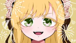  1girl :d blonde_hair blush butterfly_in_eye colored_eyelashes commentary dei_matsuri frilled_hairband frills green_eyes hairband heart highres kimi_no_koto_ga_dai_dai_dai_dai_daisuki_na_100-nin_no_kanojo long_hair looking_at_viewer open_mouth parody portrait signature simple_background smile solo straight-on style_parody teeth upper_teeth_only wadara_5492_wa yellow_background 
