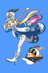  1girl 1other blonde_hair blue_background blue_jacket blush eous_(zenless_zone_zero) fukaiwasu full_body garter_straps gloves grey_hat grey_helmet hat helmet highres jacket large_hat leg_up long_hair looking_at_another norma_hollowell open_mouth running shako_cap simple_background thigh-highs very_long_hair violet_eyes white_garter_straps white_gloves white_thighhighs zenless_zone_zero 