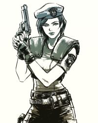  1girl aaronminier beret black_gloves fingerless_gloves gloves gun handgun hat highres holding holding_gun holding_weapon jill_valentine looking_at_viewer pants resident_evil resident_evil_1 shirt short_hair shoulder_pads simple_background weapon white_background 