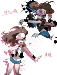  1girl baseball_cap black_vest blue_eyes commentary_request cutoffs denim denim_shorts exposed_pocket glowing glowing_eyes hat high_ponytail highres hilda_(pokemon) holding holding_poke_ball open_clothes open_vest poke_ball poke_ball_(basic) poke_ball_print pokemon pokemon_black_and_white ponytail shorts solo vest wakuno_lemon wristband 