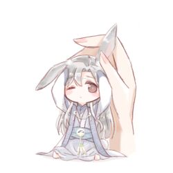  1boy animal_ear_fluff animal_ears baishuo_(shining_nikki) blue_sash blush_stickers brown_eyes brown_pupils chibi chinese_commentary closed_mouth commentary_request frown hands_in_own_hair hands_on_own_head interruption_(echo-023) long_sleeves male_focus nikki_(series) one_ear_down one_eye_closed petting puffy_long_sleeves puffy_sleeves purple_hanfu rabbit_boy rabbit_ears rabbit_tail robe sad sash shining_nikki simple_background sitting solo_focus tail tareme tearing_up waist_sash white_background white_robe 