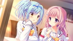  2girls blue_hair bow bowtie buttons chair collarbone da_capo da_capo_iv desk finger_to_mouth game_asset hair_bow hair_flaps hair_ornament hairband head_rest highres hinohara_chiyoko indoors kisaragi_yuu_(kisaragiyu) lapels long_hair long_sleeves looking_at_another mishima_miu multiple_girls non-web_source official_art on_chair one_side_up pink_hair sailor_collar school_uniform serafuku shirt short_hair sitting skirt sleeve_cuffs striped_clothes tanihara_natsuki violet_eyes white_sailor_collar white_shirt white_skirt yellow_bow yellow_bowtie yellow_eyes 