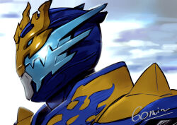  1boy absurdres armor close-up commentary_request from_side highres kamen_rider kamen_rider_build_(series) kamen_rider_cross-z male_focus parashima_tenko sky solo tokusatsu 