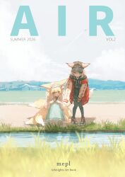  2girls absurdres animal_ear_fluff animal_ears arknights baseball_cap black_hat black_hoodie black_pantyhose black_shoes blonde_hair blue_eyes blue_hairband blue_skirt collared_shirt cover cover_page day ears_through_headwear fox_ears fox_girl fox_tail frilled_hairband frills grass green_eyes hairband hat highres hood hoodie jacket kitsune long_skirt long_sleeves looking_down multiple_girls multiple_tails official_alternate_costume open_clothes open_jacket outdoors pantyhose pink_hair pointing pointing_down pppmepl red_jacket shirt shoes skirt sneakers sussurro_(arknights) sussurro_(travel_freely)_(arknights) suzuran_(arknights) suzuran_(spring_praise)_(arknights) tail white_shirt 