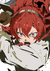  1girl 333takoyaki absurdres ahoge angry attacking_viewer black_hairband brown_gloves close-up commentary_request eris_greyrat fighting_stance floating_hair furious gloves hair_between_eyes hairband highres holding holding_sword holding_weapon long_hair long_sleeves looking_at_viewer mushoku_tensei open_mouth red_eyes red_hair shirt simple_background sketch solo sword teeth upper_body v-shaped_eyebrows weapon white_background white_shirt wide-eyed 