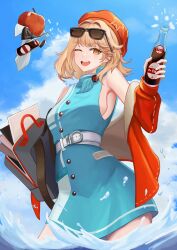  1girl :d ;d absurdres apple apple_(reverse:1999) aqua_dress aqua_neckerchief backpack bag bare_shoulders beret black_bow black_bowtie blue_sky bottle bow bowtie breasts brown_hair clouds coke-bottle_glasses commentary cowboy_shot day dress english_commentary eyewear_on_head food fruit glasses hat highres holding holding_bag holding_bottle jacket jorgenswagger looking_at_viewer neckerchief off_shoulder one_eye_closed open_bag open_clothes open_jacket open_mouth orange_eyes red_hat red_jacket regulus_(reverse:1999) reverse:1999 short_dress short_hair sideboob sky smile solo sunglasses teeth traditional_bowtie upper_teeth_only wading water 