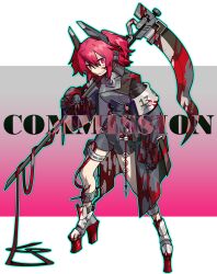  1girl absurdres alternate_costume ankle_cuffs armband black_bodysuit black_coat black_gloves blood bodysuit buckle cable caliper chinese_commentary coat commentary_request commission gloves headpiece highres holding holding_scythe long_coat onozuka_komachi platform_heels red_hair scythe tachi-e touhou watermark white_armband xixiliyaren 