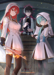  1boy 2girls black_gloves black_hair black_pantyhose black_robe blood blue_eyes blue_hair breasts brown_thighhighs closed_mouth commentary_request copyright_request cover cover_page dress feet_out_of_frame fire flaming_sword flaming_weapon gloves grey_eyes hair_between_eyes highres holding holding_sword holding_weapon indoors long_hair long_sleeves medium_breasts multiple_girls novel_cover official_art pantyhose parted_lips puffy_long_sleeves puffy_sleeves red_eyes red_hair robe skindentation sleeves_past_wrists standing sword thigh-highs tomozero veil very_long_hair weapon white_dress 