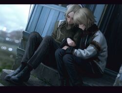  2girls arm_on_own_leg asymmetrical_sidelocks blonde_hair braid closed_eyes commission floral_embroidery freckles headscarf highres hunting military_fatigues military_uniform multiple_girls myroslava_bozhuk olena_bozhuk original outdoors russo-ukrainian_war second-party_source siblings sidelocks single_braided_sidelock sisters sitting slavic_clothes supporting_another's_weight tinaren15 ukraine ukrainian_clothes village white_headscarf 