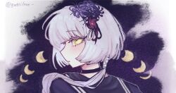  1girl assault_lily black_background black_choker black_hairband black_ribbon black_sailor_collar black_shirt chinese_commentary choker commentary_request flower gatti_love grey_background grey_hair hair_over_shoulder hair_ribbon hairband long_hair looking_at_viewer looking_to_the_side low_ponytail moon_phases no_pupils parted_lips ponytail portrait profile purple_flower red_flower ribbon sailor_collar school_uniform serafuku shirt sideways_glance solo twitter_username two-tone_background yamaguchi_chihiro_(assault_lily) yellow_eyes 
