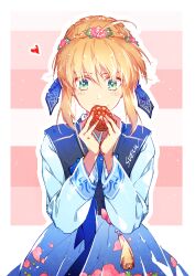 1girl artoria_pendragon_(fate) blonde_hair blue_hanbok braid commentary_request cookie eating fate/stay_night fate_(series) food food_on_face green_eyes h_sueun hanbok heart highres holding holding_food korean_clothes korean_commentary saber_(fate) shirt sidelocks signature solo striped_clothes striped_shirt upper_body 
