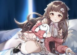  1girl :p absurdres animal_ears bare_shoulders black_shoes brown_hair commentary_request dress estelle_(vtuber) hair_ornament highres holding holding_stuffed_toy indie_virtual_youtuber lace-trimmed_thighhighs lace_trim licking_lips long_hair long_sleeves looking_at_viewer mole mole_under_mouth momochi_(hana_tubakino) neck_ribbon pink_dress red_eyes ribbon sheep_ears sheep_girl sheep_hair_ornament shoes short_dress smile solo stuffed_animal stuffed_sheep stuffed_toy thigh-highs thighs tongue tongue_out virtual_youtuber white_ribbon white_thighhighs 