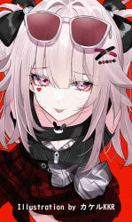  1girl arms_behind_back artist_name chinese_commentary closed_mouth commentary_request eyewear_on_head facial_mark grey_hair hair_ornament heart heart_facial_mark honkai:_star_rail honkai_(series) long_hair looking_at_viewer official_alternate_costume pink_eyes red_background red_skirt simple_background skirt smile solo sparkle_(honkai:_star_rail) sparxie_(candy-coated_waves)_(honkai:_star_rail) sparxie_(honkai:_star_rail) srpzk sunglasses tongue tongue_out twintails two_side_up x_hair_ornament 