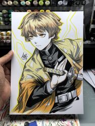  1boy agatsuma_zenitsu art_tools_in_frame artist's_hand_in_frame belt blonde_hair commentary english_commentary haori highres holding holding_sword holding_weapon japanese_clothes kimetsu_no_yaiba male_focus marker_(medium) photo_(medium) short_hair solo stanley_lau sword thick_eyebrows traditional_media triangle_print weapon yellow_haori 