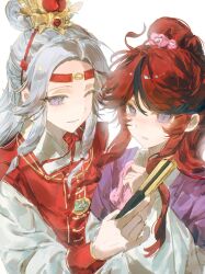  1boy 1girl absurdres alternate_costume alternate_hair_length_(longer) aotsuki_eito black_hair blue_eyes changmingsuo chinese_clothes chinese_commentary commentary_request eyelashes flower folded_fan folding_fan genderswap genderswap_(mtf) hair_bun hair_flower hair_ornament hand_fan hanfu highres holding holding_fan liningne long_hair low-tied_sidelocks multicolored_hair one_eye_closed pink_flower purple_hanfu red_hair sidelocks simple_background smile streaked_hair sumino_takumi the_hundred_line_-last_defense_academy- tsurime two-tone_hair white_background white_hanfu 