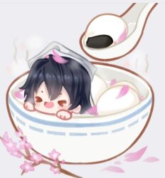  >_< 1girl :d bambietta_basterbine black_hair bleach bleach:_sennen_kessen-hen blush_stickers cherry_blossoms chibi chibi_only closed_eyes deadman70232800 food grey_background hair_between_eyes hat in_bowl in_container long_hair mochi petal_on_head petals simple_background smile solo spoon steam white_hat xd 