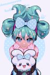  1girl bangs blue_bow bow cinnamiku cinnamoroll folded_twintails grey_eyes hair_bow hands_up hatsune_miku highres looking_at_viewer polka_dot polka_dot_bow sanrio smile tied_ears updo upper_body vocaloid yooki_(winter_cakes) 
