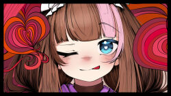  1girl :p alternate_hair_color black_border blue_eyes blush border bright_pupils brown_hair closed_mouth commentary english_commentary heart heart-shaped_pupils highres long_hair multicolored_hair nijisanji nose_blush one_eye_closed pink_hair portrait solo streaked_hair symbol-shaped_pupils tongue tongue_out toy_box3 two-tone_hair valentine virtual_youtuber white_pupils yokaze_yui 