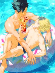  2boys bird's_eye_view black_hair black_male_swimwear blonde_hair collarbone commentary_request cup double-parted_bangs drinking drinking_straw drinking_straw_in_mouth food food_in_mouth from_above fruit haikyuu!! hair_between_eyes hakodama5 highres holding holding_cup innertube kozume_kenma kuroo_tetsurou looking_at_another looking_to_the_side lying male_focus male_swimwear multicolored_hair multiple_boys nipples on_back on_innertube orange_(fruit) orange_slice pectorals pool roots_(hair) spiky_hair swim_ring swimming topless_male tropical_drink water watermark yellow_eyes 