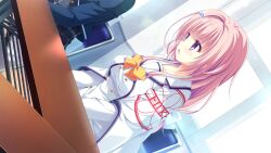  2girls blue_jacket bow bowtie buttons chair collarbone da_capo da_capo_iv day desk double-breasted dutch_angle game_asset glass hair_bow hair_ornament highres indoors jacket kisaragi_yuu_(kisaragiyu) lapels long_hair long_sleeves looking_to_the_side miniskirt mishima_miu multiple_girls non-web_source official_art on_chair pink_hair plaid_clothes pleated_skirt sailor_collar school_uniform serafuku shirt skirt sleeve_cuffs striped_clothes violet_eyes white_sailor_collar white_shirt white_skirt window yellow_bow yellow_bowtie 