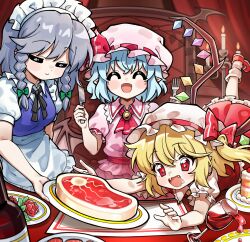 3girls =_= ^_^ absurdres apron ascot bat_wings black_ribbon blonde_hair blue_dress blue_hair bottle bow braid brooch cake candle chair closed_eyes closed_mouth collared_shirt commentary_request crystal crystal_wings cup dress drinking_glass drooling fangs flandre_scarlet food fork frilled_shirt_collar frills green_bow grey_hair hair_bow happy hat hat_bow hat_ribbon highres holding holding_fork holding_knife holding_plate izayoi_sakuya jewelry knife maid maid_headdress mob_cap multicolored_wings multiple_girls neck_ribbon on_chair one_side_up pinafore_dress pink_hat pink_shirt pink_skirt plate pointy_ears puffy_short_sleeves puffy_sleeves red_ascot red_bow red_eyes red_vest remilia_scarlet ribbon saliva shirt short_sleeves siblings sisters skirt skirt_set sleeveless sleeveless_dress smile steak touhou twin_braids unagiii_0 vest waist_apron white_hat white_shirt wings yellow_ascot 