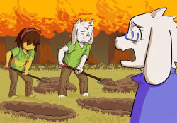  1boy 1girl 1other aged_down asriel_dreemurr barefoot brown_pants colored_skin commentary deltarune digging dress english_commentary fake_horns full_body furry furry_female furry_male goat_boy goat_girl green_shirt hairband holding holding_shovel horn_hairband horns kris_(deltarune) mother_and_child mother_and_son open_mouth pants papstuko parent_and_child purple-framed_eyewear purple_dress red_hairband shirt shovel siblings striped_clothes striped_shirt surprised toriel upper_body utdr_(toby_fox) violet_eyes white_fur yellow_skin 