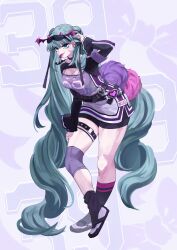 1girl abstract_background aqua_eyes aqua_hair bat_hair_ornament belt buckle cheerleader cheerleading_hatsune_miku_design_contest commentary_request full_body hair_ornament hatsune_miku heart heart-shaped_buckle highres long_hair long_sleeves pom_pom_(cheerleading) solo urokonotkoko very_long_hair voiceroid 