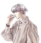  1boy arm_at_side bangs character_request closed_eyes collared_shirt cup drinking eyelashes from_side half_updo hand_up highres holding holding_cup light_and_night_love long_sleeves male_focus natsuhiro pajamas parted_lips ponytail profile shirt short_hair simple_background solo upper_body watch watch white_background white_hair wide_sleeves 