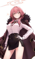  1girl absurdres aru_(blue_archive) black_skirt blue_archive blush fur-trimmed_jacket fur_trim gabang gun halo highres holding holding_gun holding_weapon jacket jacket_on_shoulders long_sleeves looking_at_viewer orange_halo pencil_skirt pink_eyes pink_hair shirt simple_background skirt smile solo standing thighs weapon white_background white_shirt 