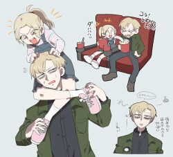 1boy 1girl 2025 adoptive_parent_and_adoptive_child blonde_hair child commentary_request drink father_and_child father_and_daughter food green_jacket jacket james_sunderland kuso_500t laura_(silent_hill) overalls parent_and_child pink_shoes ponytail popcorn shirt shoes silent_hill_(series) silent_hill_2 simple_background striped_clothes striped_shirt white_background 