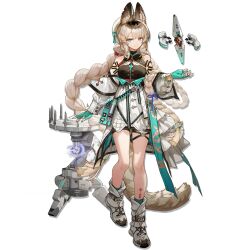  1girl ahoge animal_ear_fluff animal_ears aphrissa_(arknights) aqua_bow aqua_eyes aqua_gloves aqua_nails arknights bare_legs bare_shoulders black_hair black_shirt black_shorts blonde_hair blue_bow boots bow braid bright_pupils cat_ears cat_girl cat_tail closed_mouth coat collarbone fingerless_gloves frilled_coat frills full_body glitch gloves gradient_eyes gradient_hair hair_bow hat hat_bow highres lab_coat leg_tattoo long_hair looking_at_viewer machine multicolored_eyes multicolored_hair nail_polish official_art originium_(arknights) shirt shorts showgirl_skirt sidelocks simple_background sleeveless sleeveless_shirt smile solo standing tachi-e tail tattoo thigh_strap third-party_source transparent_background turtleneck turtleneck_shirt twin_braids two-tone_hair very_long_hair white_boots white_coat white_hat white_pupils xiayehongming yellow_eyes zipper 