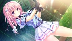  1girl baseball_bat belt blue_neckerchief blue_skirt bow da_capo da_capo_iv dutch_angle fence game_asset hair_bow hair_ornament hands_up highres holding holding_baseball_bat kisaragi_yuu_(kisaragiyu) lawn long_hair mishima_miu neckerchief night non-web_source official_art outdoors pink_hair sailor_collar short_sleeves sidelighting skirt standing striped_clothes turtleneck violet_eyes white_sailor_collar white_skirt 