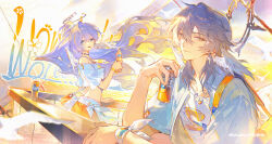  1boy 1girl absurdres against_railing bird blue_eyes blue_hair bottle brother_and_sister can character_name chinese_commentary commentary_request drink_can earrings fanta floating_hair hair_between_eyes hair_intakes halo hand_on_railing head_wings highres holding holding_bottle holding_can honkai:_star_rail honkai_(series) hoop_earrings jewelry looking_at_viewer multicolored_hair nail_polish necklace official_alternate_costume orange_eyes orange_hair orange_nails orange_skirt outdoors railing renjian_shilian robin_(fanta)_(honkai:_star_rail) robin_(honkai:_star_rail) shirt siblings skirt soda_bottle soda_can streaked_hair sunday_(fanta)_(honkai:_star_rail) sunday_(honkai:_star_rail) warm_colors white_bird white_shirt white_wings wings 