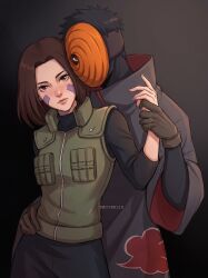  absurdres akatsuki_uniform alternate_universe black_hair brown_eyes brown_hair couple facial_mark gloves highres mask masked mayskalih naruto_(series) nohara_rin non-web_source red_eyes tobi_(naruto) uchiha_obito 